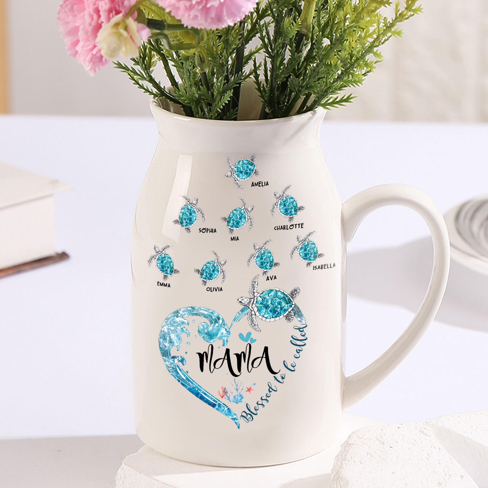 Personalisierte 8 Namen & Text Meeresschildkröte Familie Vase