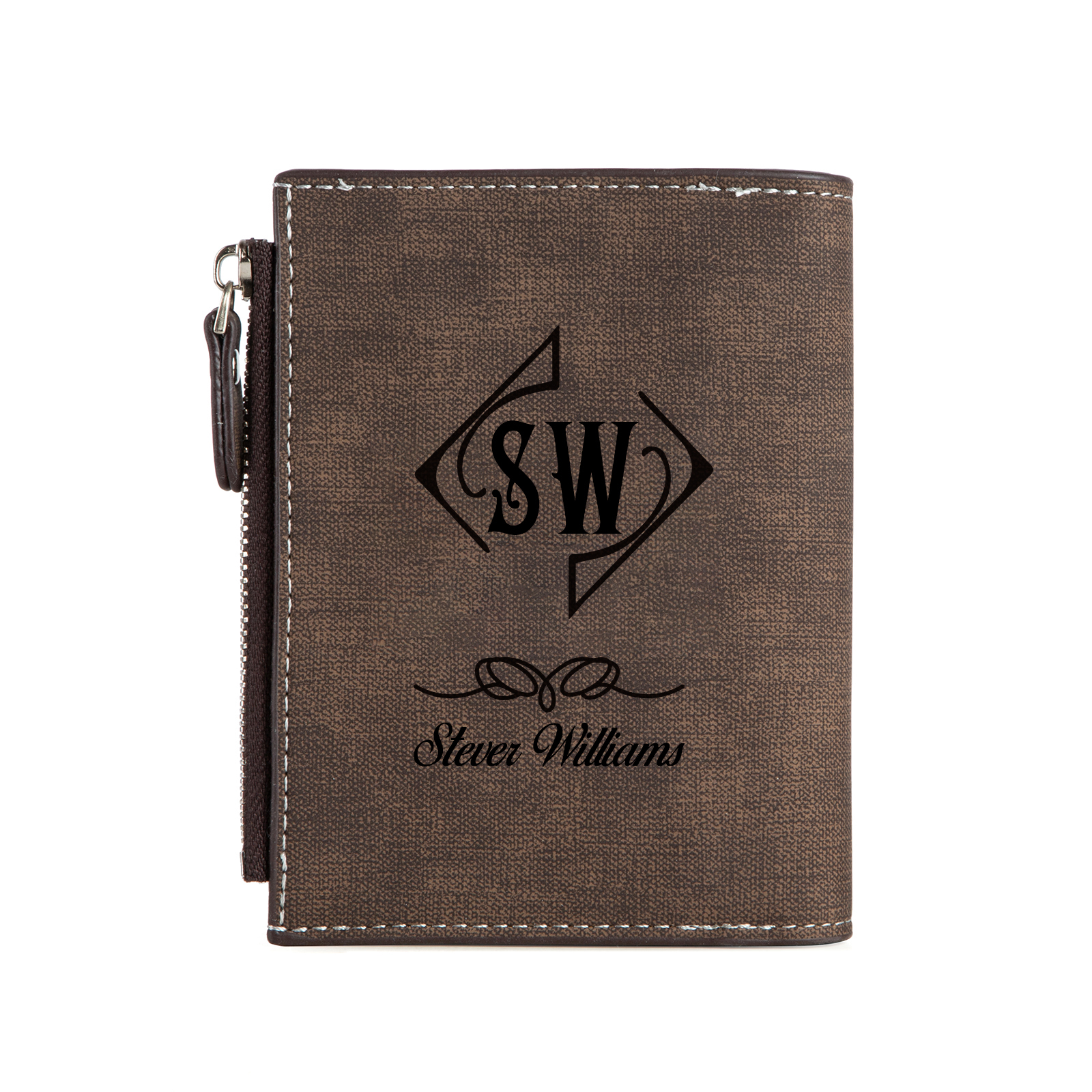 Herren Personalisierte Foto & Name & 2 Buchstaben PU Leder Braun Geldbörse mit Reißverschluss