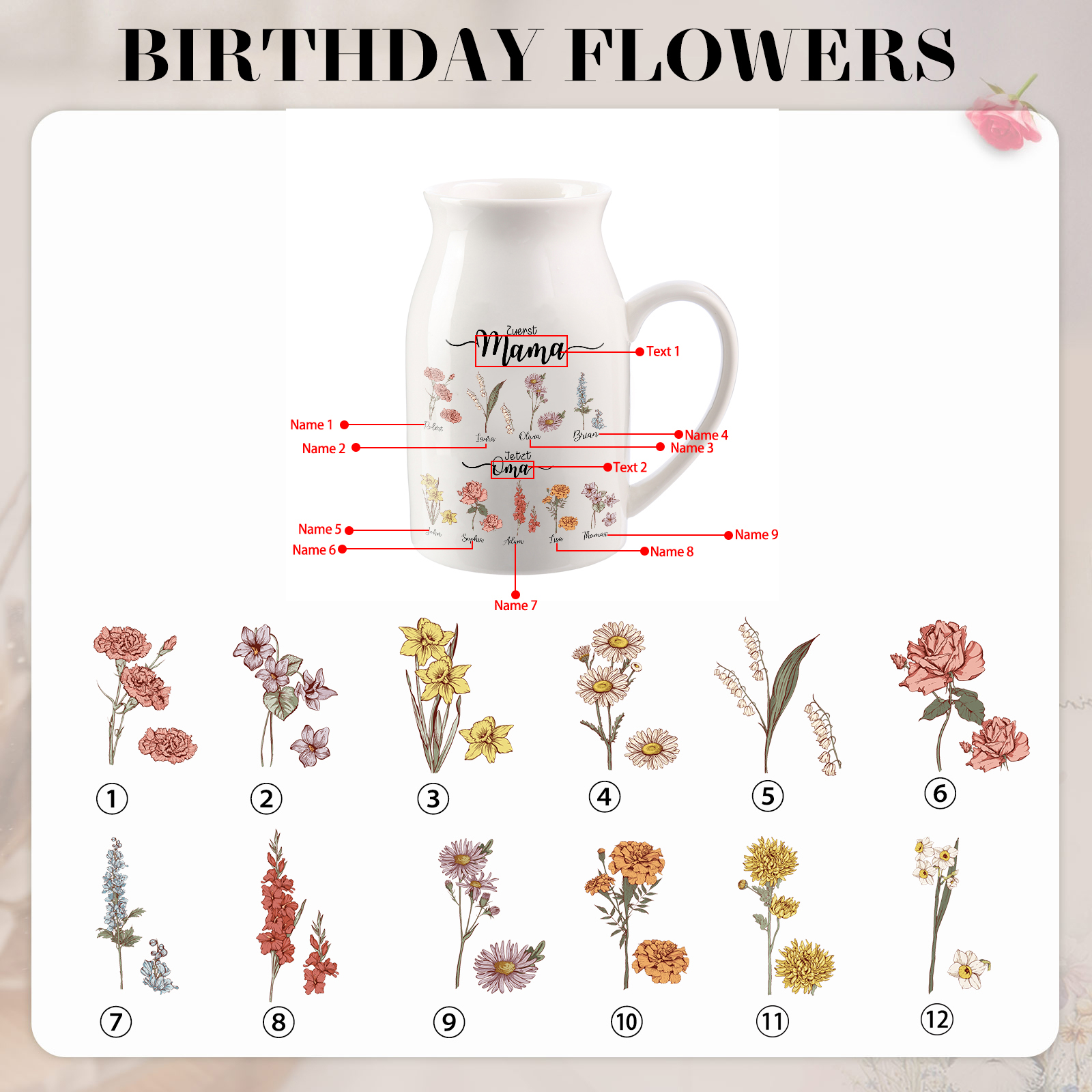 Personalisierte 9 Namen-Zuerst MAMA, Jetzt Oma Geburtsblumen Gießvase mit Henkel Mama Vase-Pefektes Geschenk für Mama /Oma