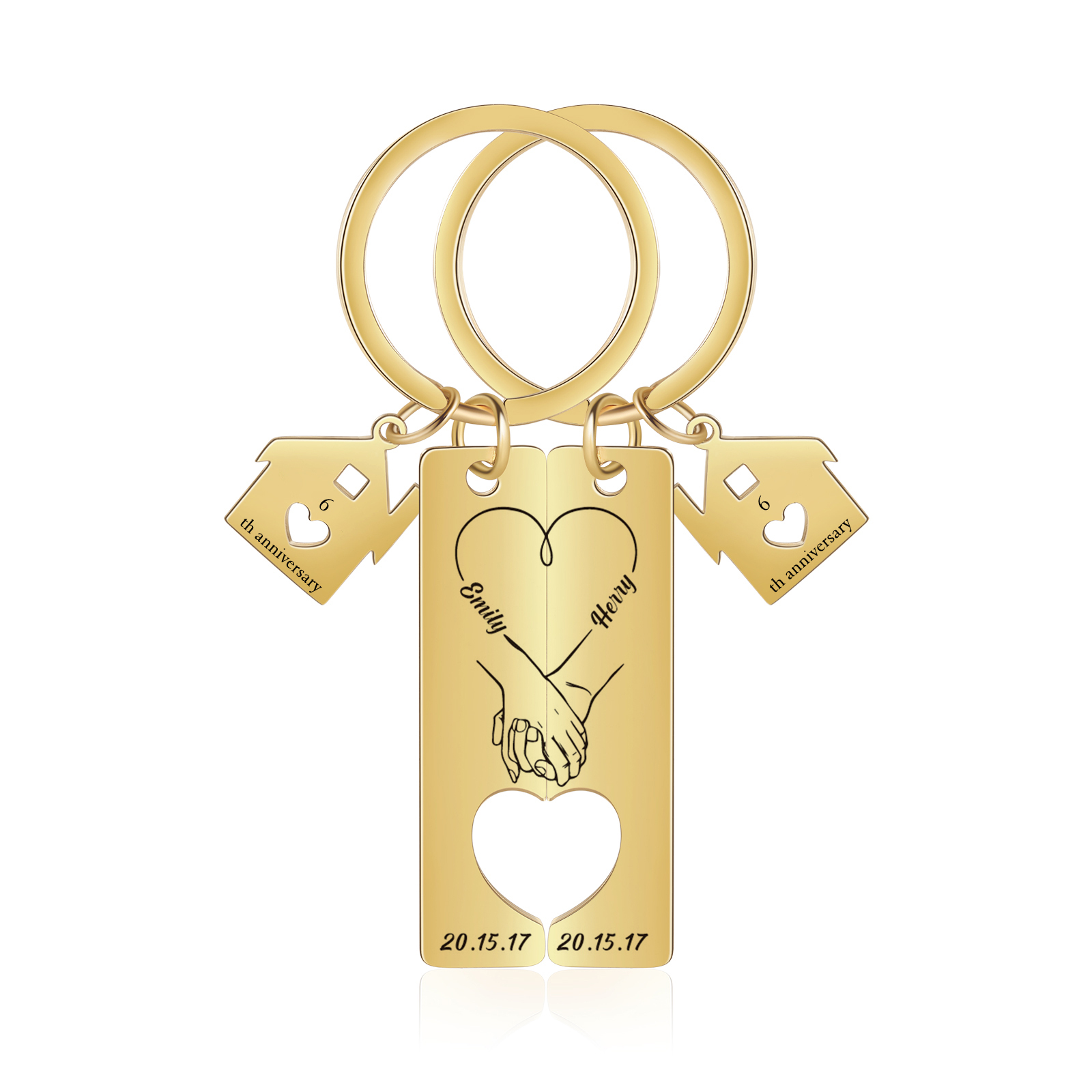 Personalisierbare 2 Texte & Datum & Namen Ausschnitt in Herzform Paar Metall-Schlüsselanhänger mit Haus Anhänger