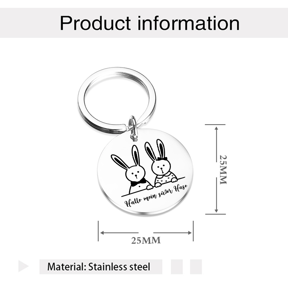 Personalisierbarer Text Rund Metall Hase Schlüsselanhänger – Geschenk mit Nachrichtenkarte für Paar