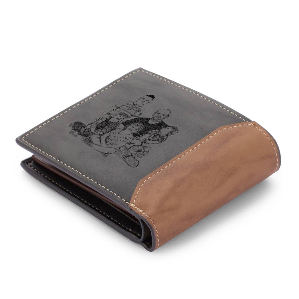 Herren Personalisiertes Foto & 5 Namen Papa Faust Grau Leder Geldbörse-Geschenk für Vater