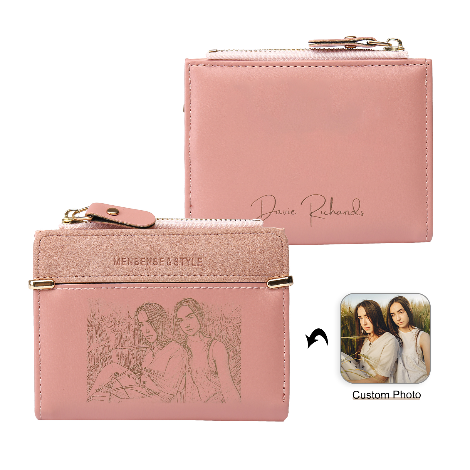 Damen Personalisierter Text & Foto PU Leder Rosa Geldbörse Elegant Portemonnaie mit Reißverschluss