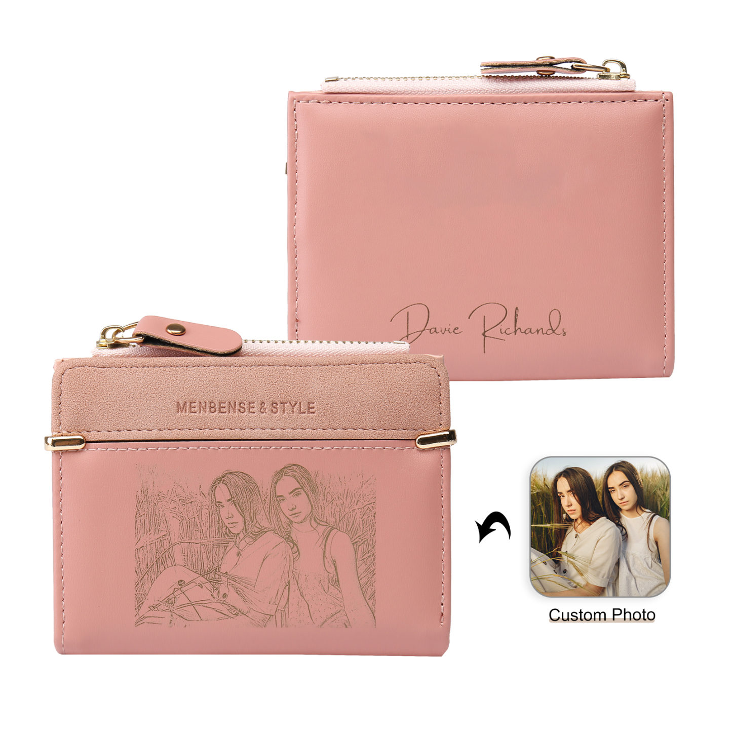 Damen Personalisierter Text & Foto PU Leder Rosa Geldbörse Elegant Portemonnaie mit Reißverschluss