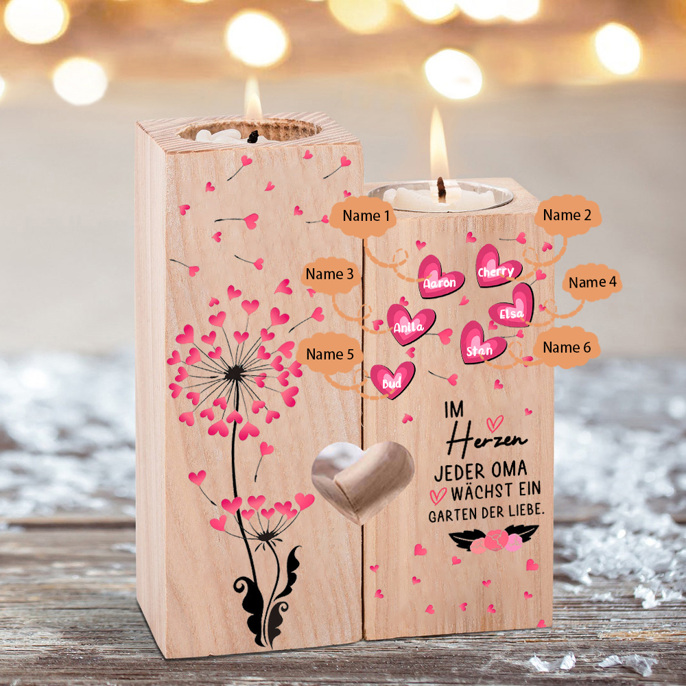 Personalisierte 6 Namen Löwenzahn Kerzenhalter-Im Herzen jeder Oma wächst ein Garten der Liebe-Geschenk für Großmutter