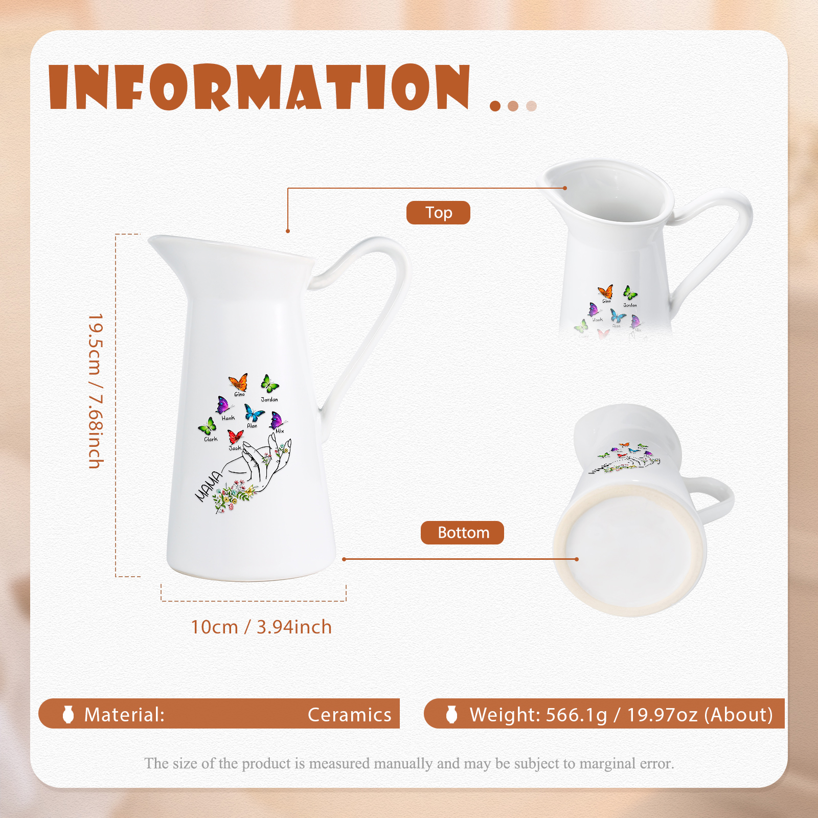 Personalisierte 7 Namen & Text Schmetterling in der Hand Gießvase mit Henkel Familie Vase