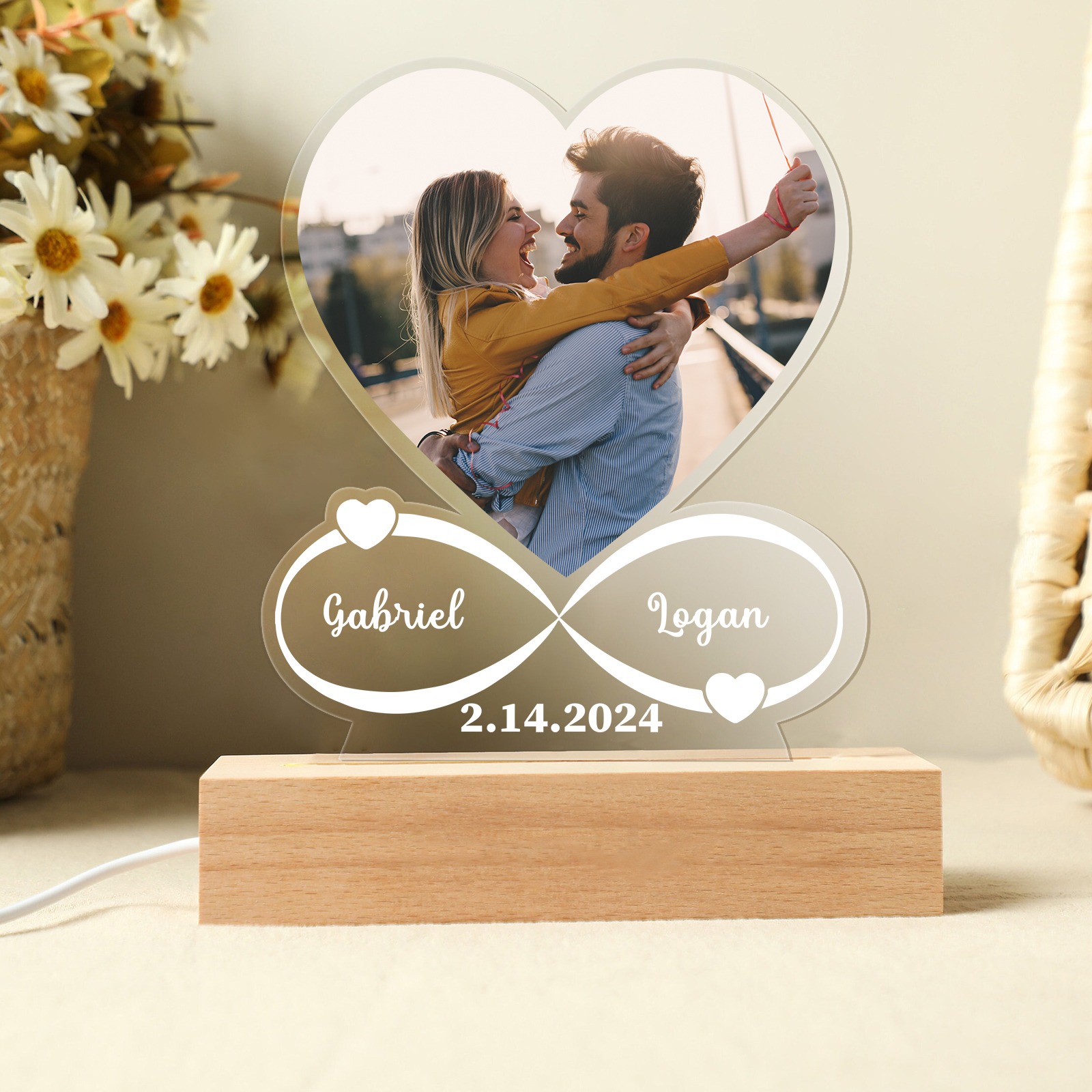Personalisierte 2 Namen & Foto & Datum Herz Infinity Nachtlicht für Liebespaar