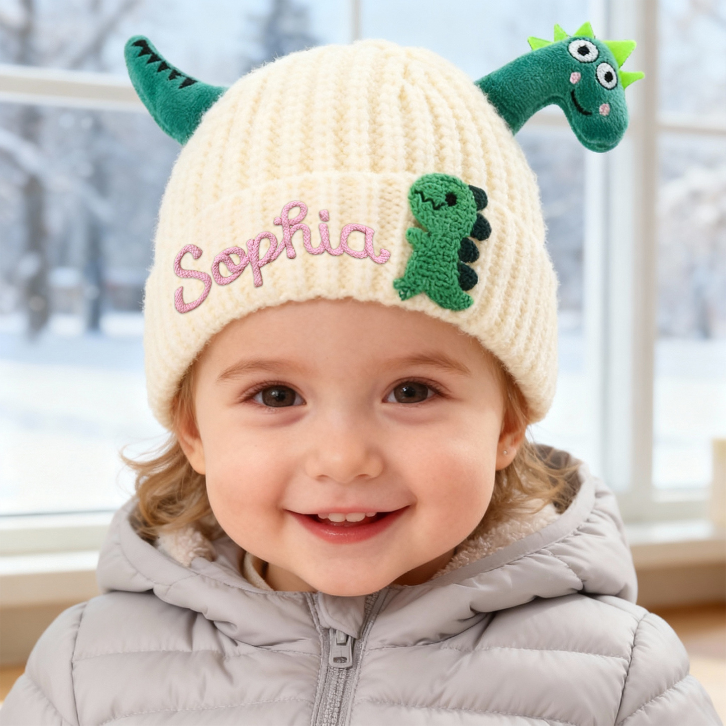 Personalisierte Dinosaurier-Mützen mit Namen für Kleinkinder – handbestickte Kindermütze