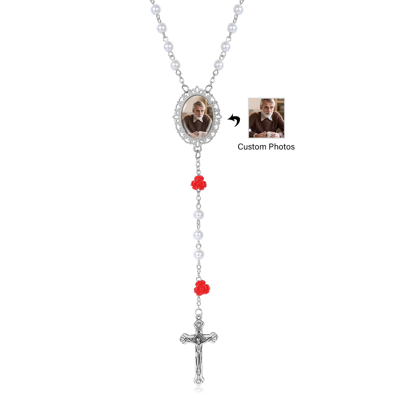 Personalisierter Rosenkranz mit Foto, Kreuz und Perlen religiöses Andenken