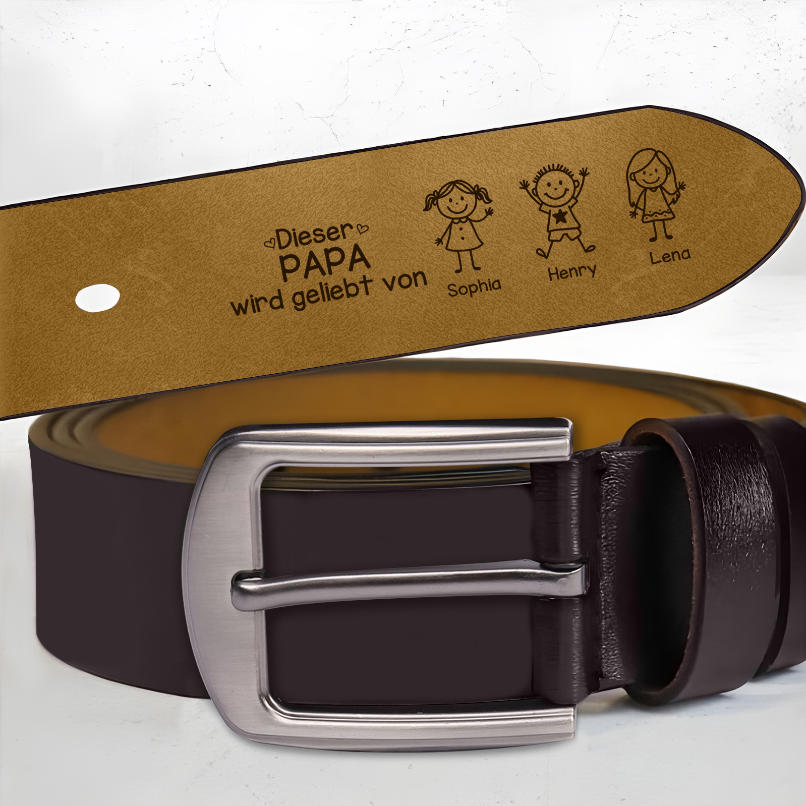 Personalisierter Herrengürtel aus Leder für Papa und Opa individuell mit 1–10 Namen und Kinderfiguren