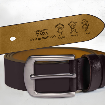 Personalisierter Herrengürtel aus Leder für Papa und Opa individuell mit 1–10 Namen und Kinderfiguren