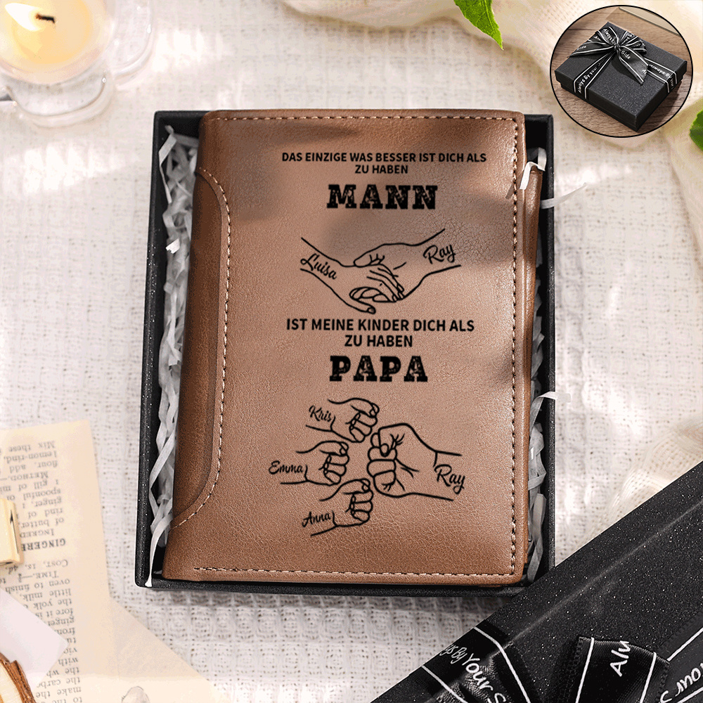Personalisierte Leder-Geldbörse für Papa oder Opa – mit den Namen der Kinder & Handgravur, Herren-Lederbörse, Geschenk zum Vatertag, Geburtstag oder Weihnachten |Kettenmachen