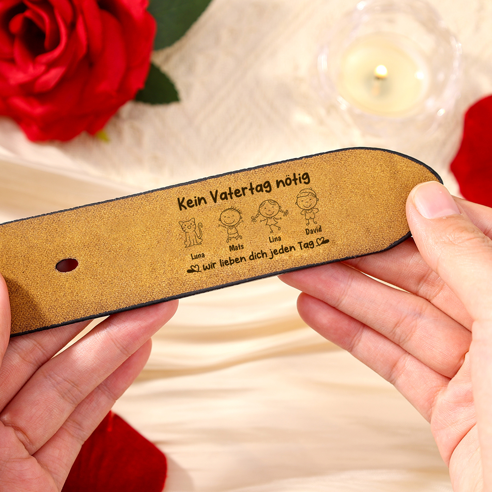 Personalisierter Ledergürtel für Herren mit 1 bis 6 Namen und Kinderzeichnung Geschenk für Papa zum Vatertag