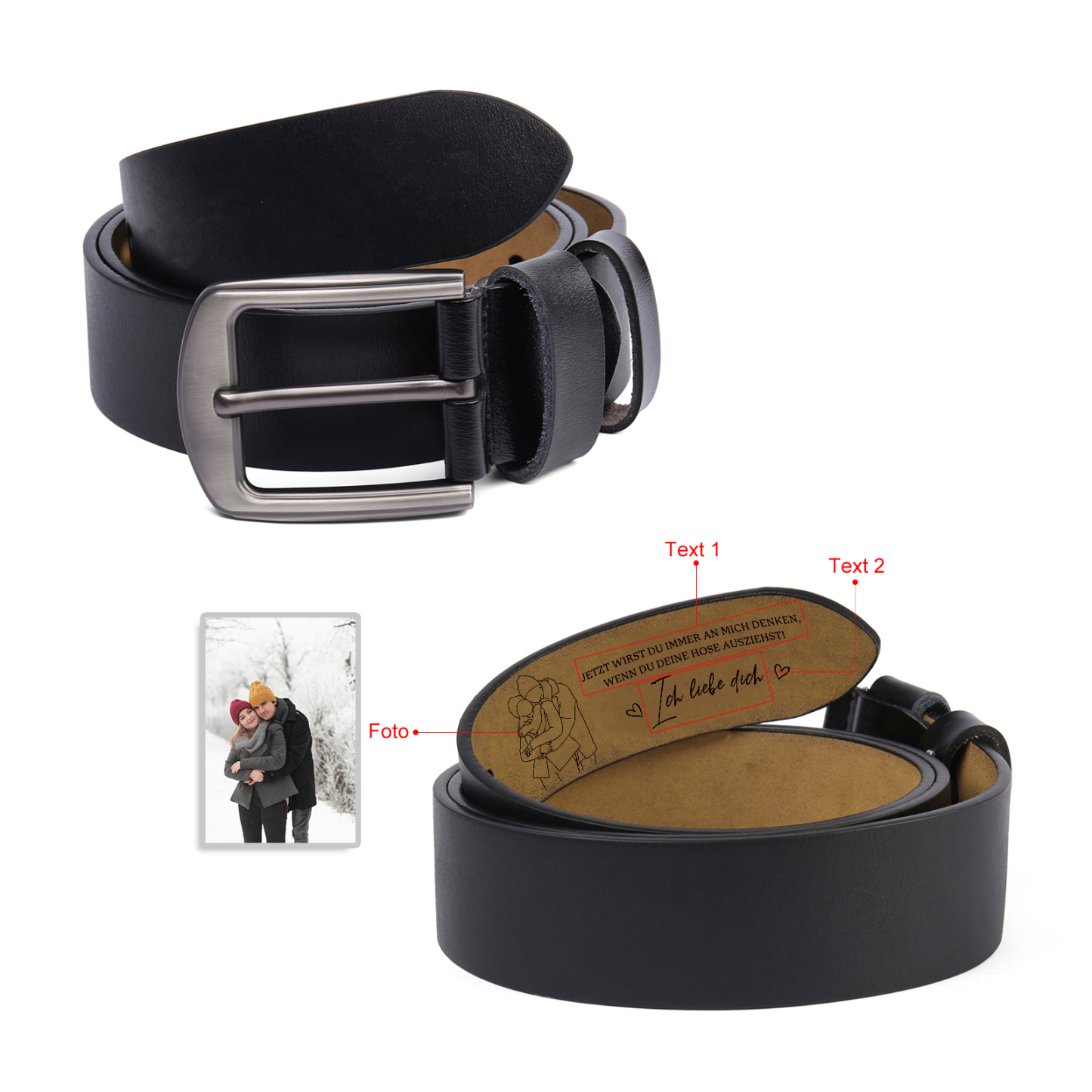 Personalisierter Herrenledergürtel mit gravierter Strichzeichnung nach Foto aus Rindsleder – Geschenk für Männer