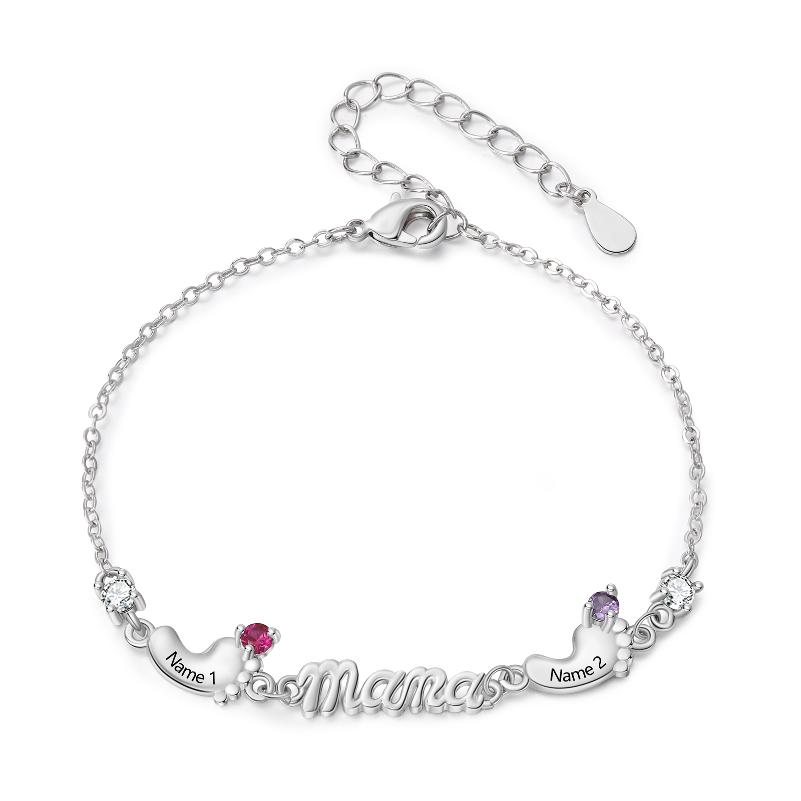 Personalisiertes Mama Armband mit 2–5 Babyfüßen, Namen und Geburtssteinen