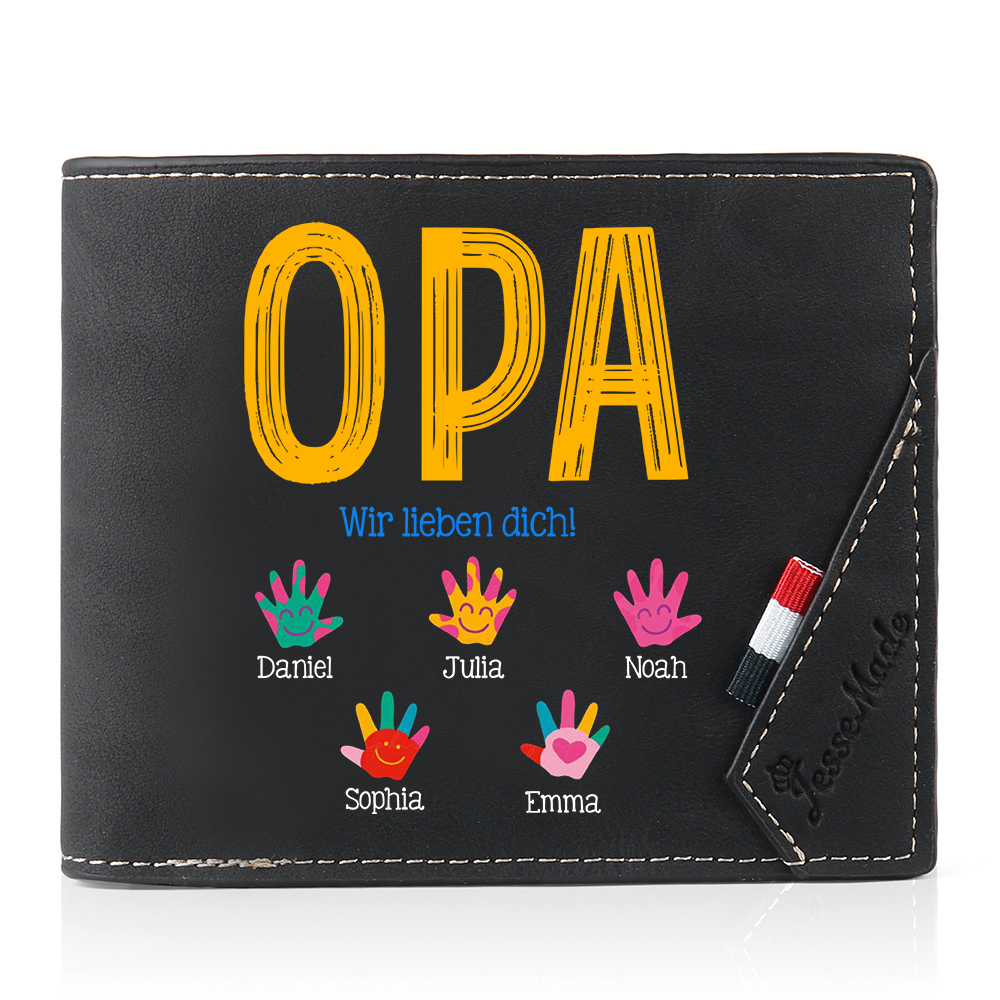 Personalisierte Geldbörse für Papa/Opa mit farbigen Handabdrücken und Namen