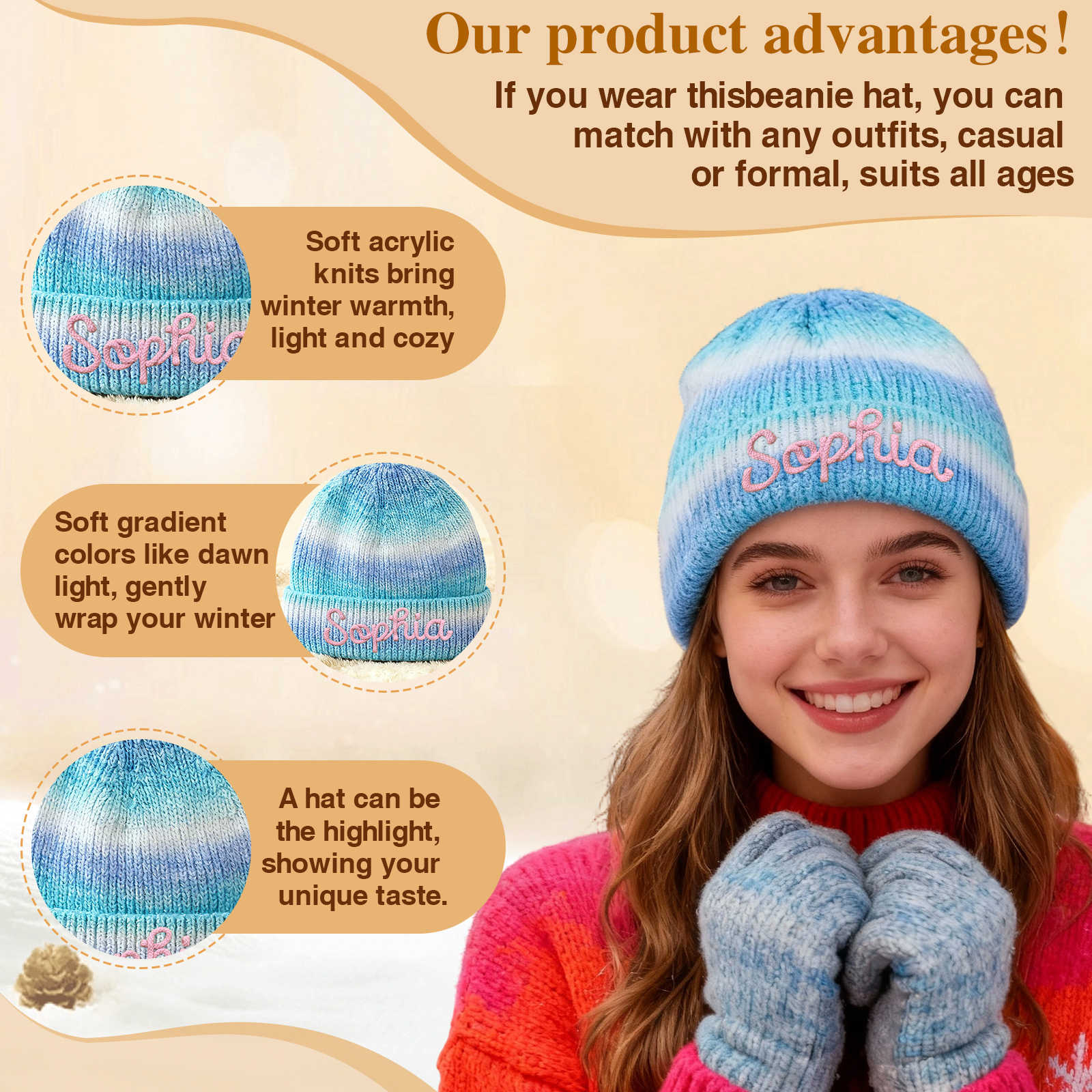 Personalisierte Weihnachten warmes Acryl Beanie Farbverlauf Namensstickerei Strickmütze für Damen