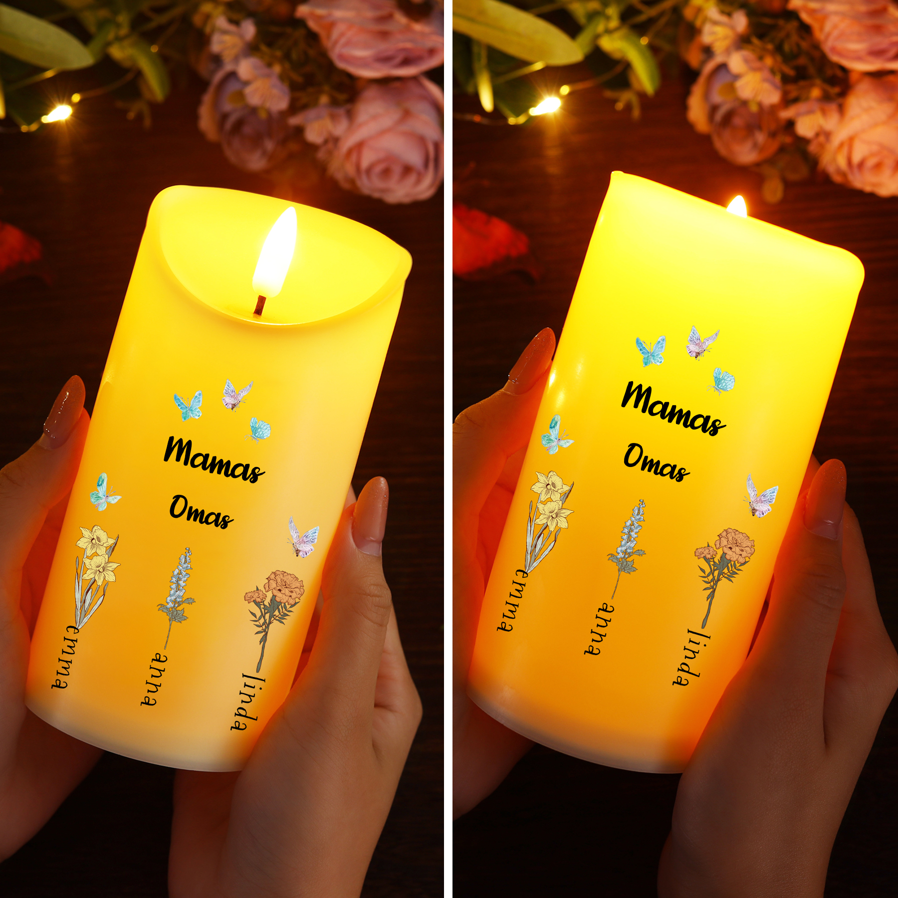 Personalisierte flammenlose LED-Stumpenkerze – Blumen, Schmetterlinge & bis zu 6 Namen für Mama & Oma
