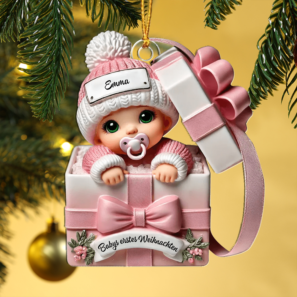 Rosa Baby-Chrisbaumanhänger Neugeborenes mit Name—“Babys erstes Weihnachten”