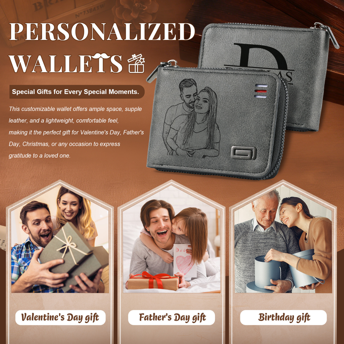 Personalisierte Herren Geldbörse aus PU‑Leder mit Reißverschluss – mit Foto, Kalender oder Namen