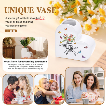 Personalisierte Keramikvase mit Herzmotiv „Hand in Hand“ und 2–8 Vornamen Geschenk für Mama oder Oma