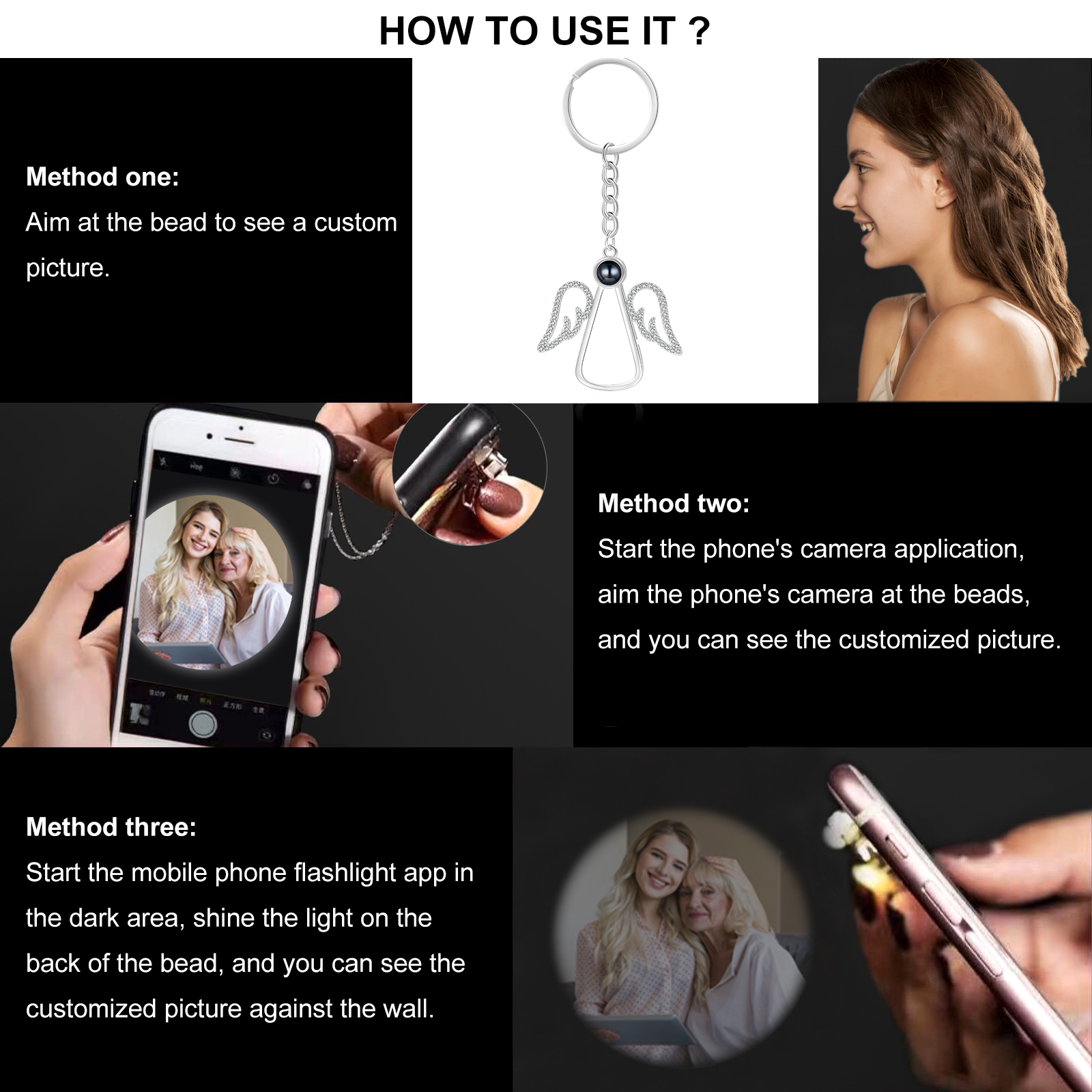 Personalisierter Engel-Schlüsselanhänger mit Fotoprojektion – Geschenk zum Muttertag, Geburtstag