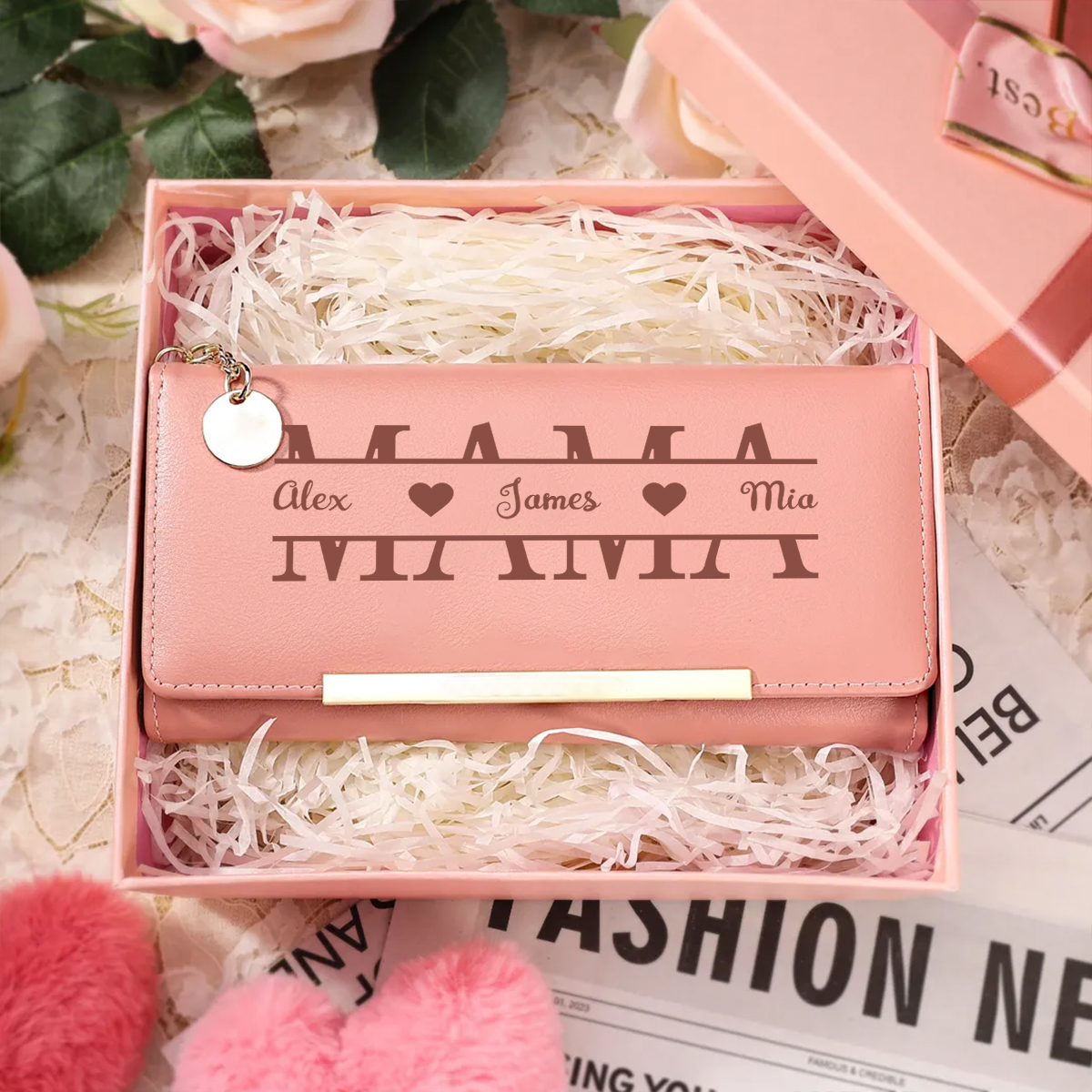 Personalisierte Damen-PU-Geldbörse „Mama“ mit 1–5 Namen – praktisches Geschenk für Mütter