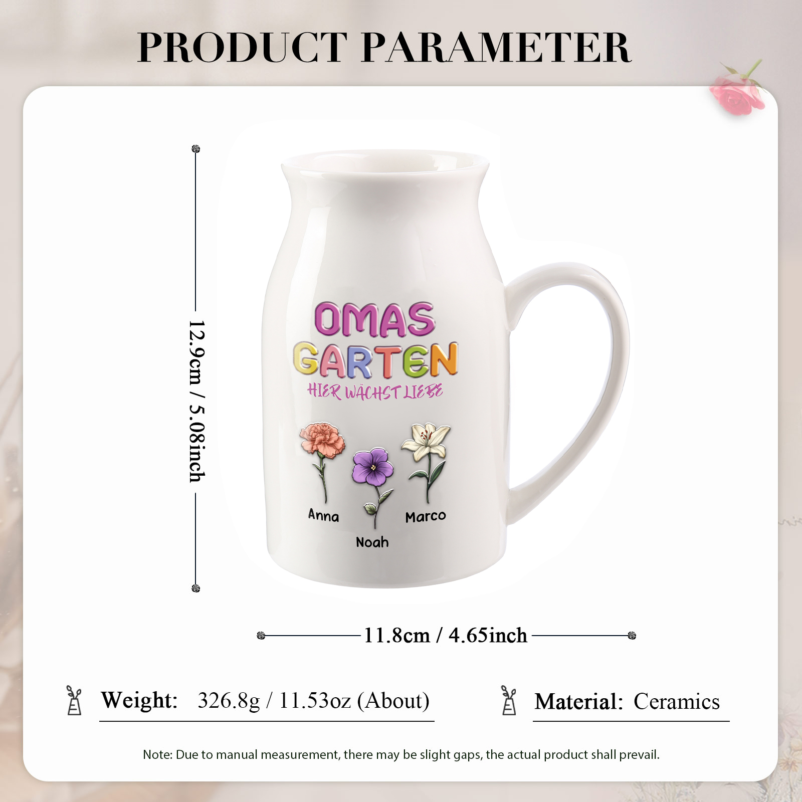 Personalisierte Keramikvase in Krugform mit 1 bis 10 Namen und Geburtsblumen Geschenk für Mama oder Oma
