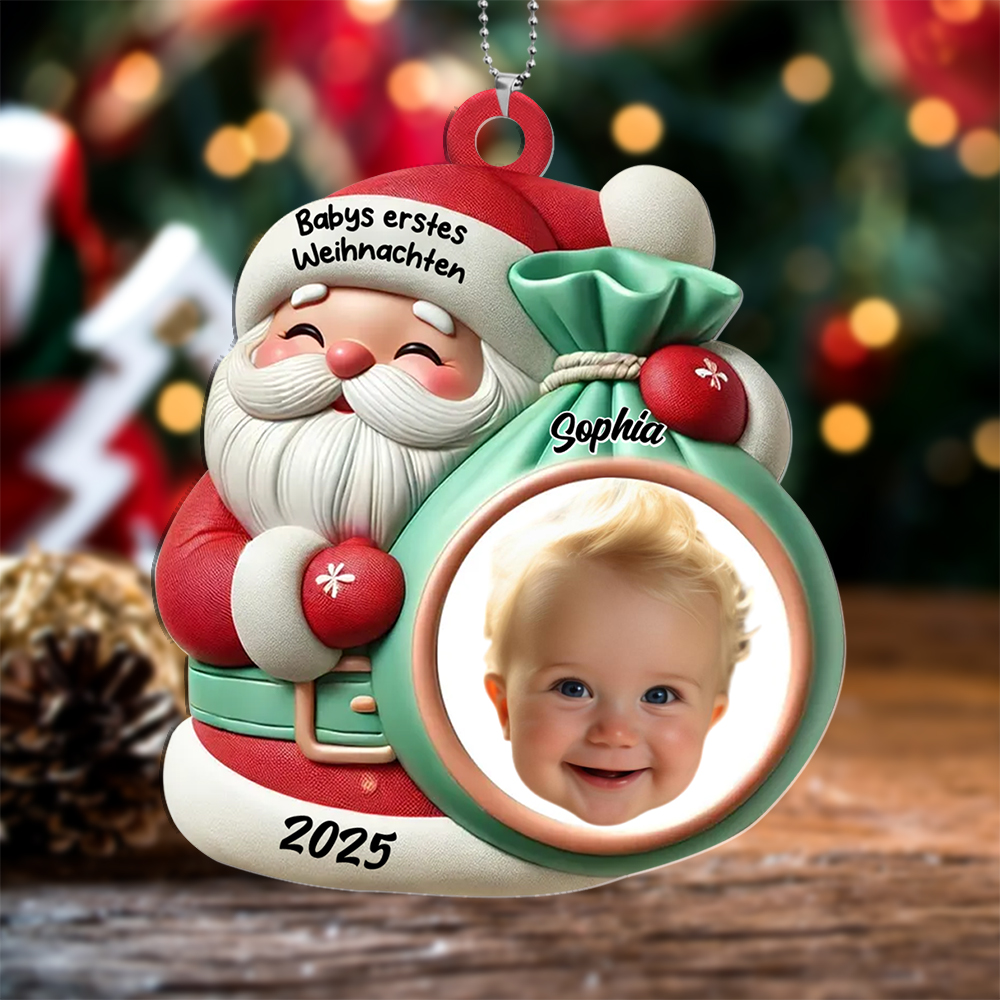 Personalisiertes Weihnachtsmann-Ornament mit Name, Jahr und Foto – Geschenk zu Babys erstem Weihnachten