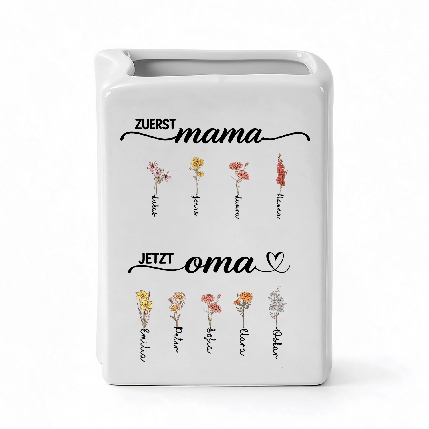 Personalisierte Keramikvase mit 2–12 Namen und Geburtsblumen Geschenk zum Muttertag für Oma