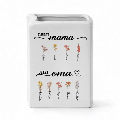 Personalisierte Keramikvase mit 2–12 Namen und Geburtsblumen Geschenk zum Muttertag für Oma