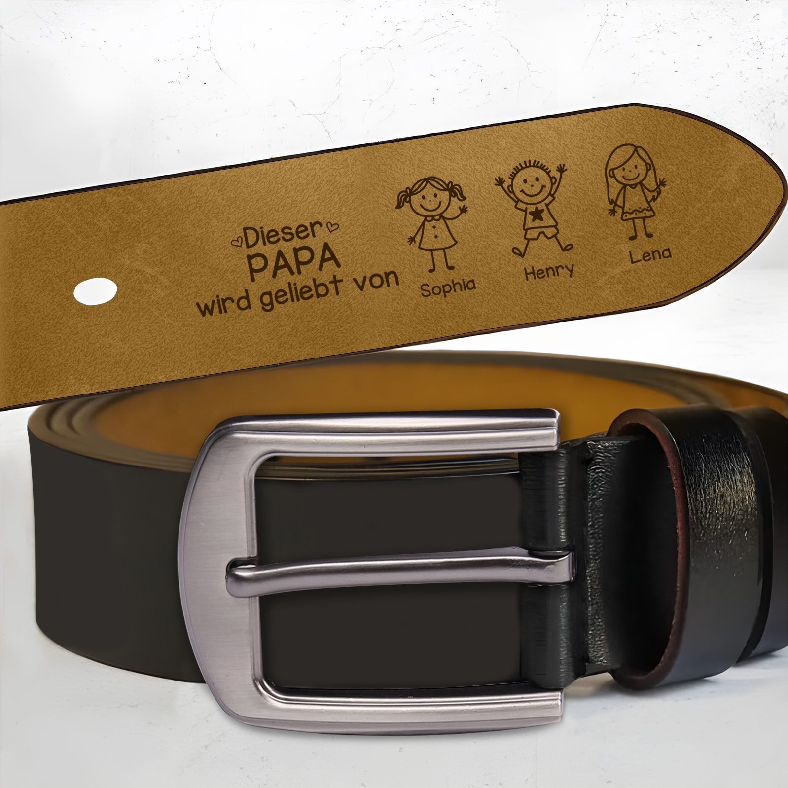 Personalisierter Herrengürtel aus Leder individuell mit 1 bis 10 Namen und Kinderfiguren – Geschenk zum Vatertag oder Geburtstag für Papa, Ehemann, Opa | Kettenmachen