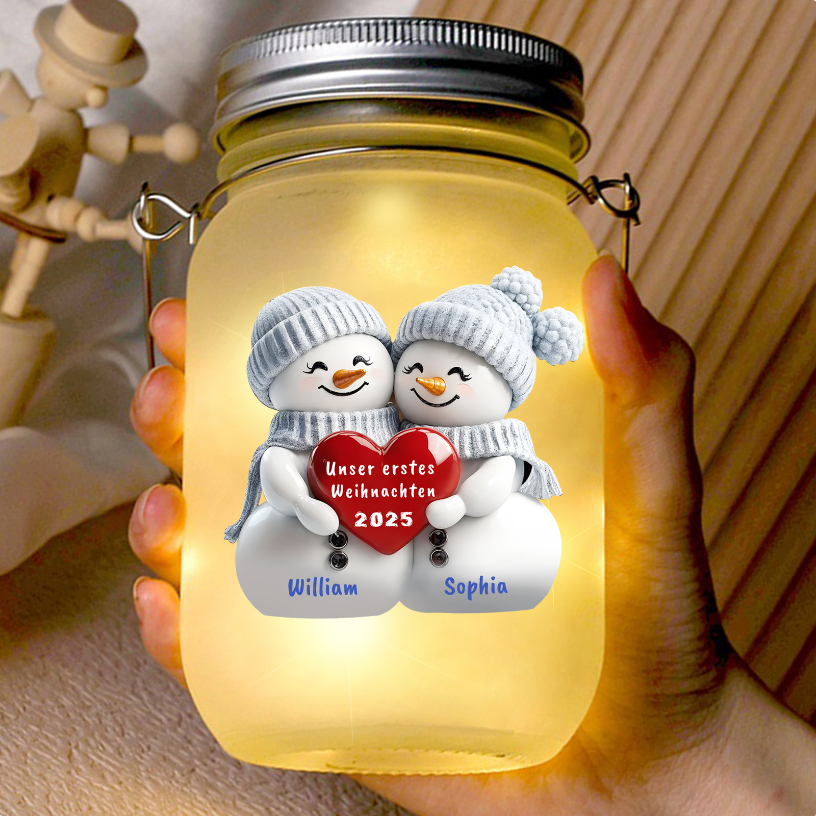 Personalisierte Solar-Einmachglas-Lampe mit Schneemann-Paar Glasflaschen 