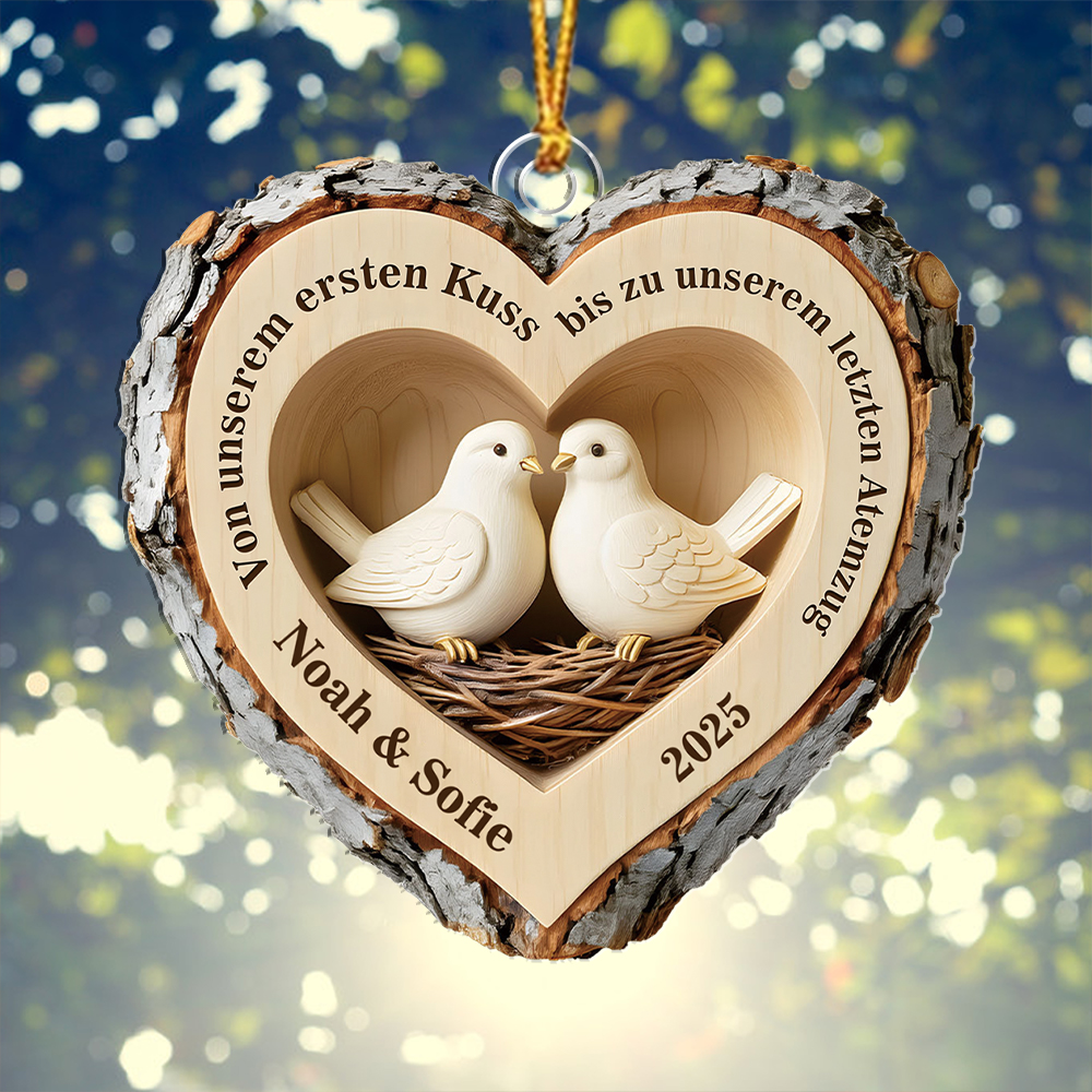 Personalisiert Rustikales Holz-Herz Weihnachtsanhänge mit Tauben und Vogelnester——“Von ersten Kuss bis latzten Atemzug”