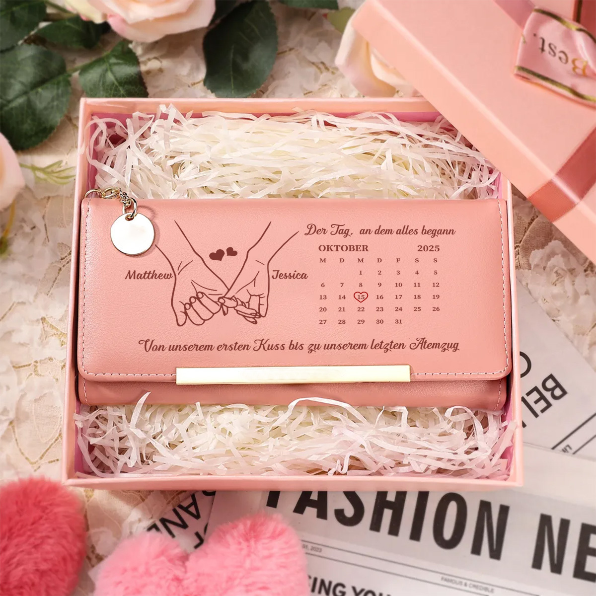 Personalisierte Damenbrieftasche mit Kalender und Vornamen – Der Tag, an dem alles begann