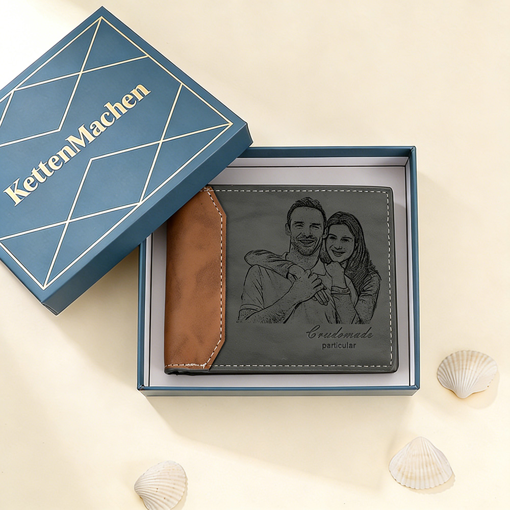 Herren Personalisierte Foto & Name & Buchstabe Grau Leder Geldbörse