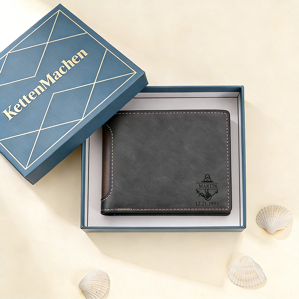 Personalisierte Herren-Geldbörse aus Leder mit eigenem Foto – Dunkelbraun/Dunkelgrau, 10 Muster zur Auswahl