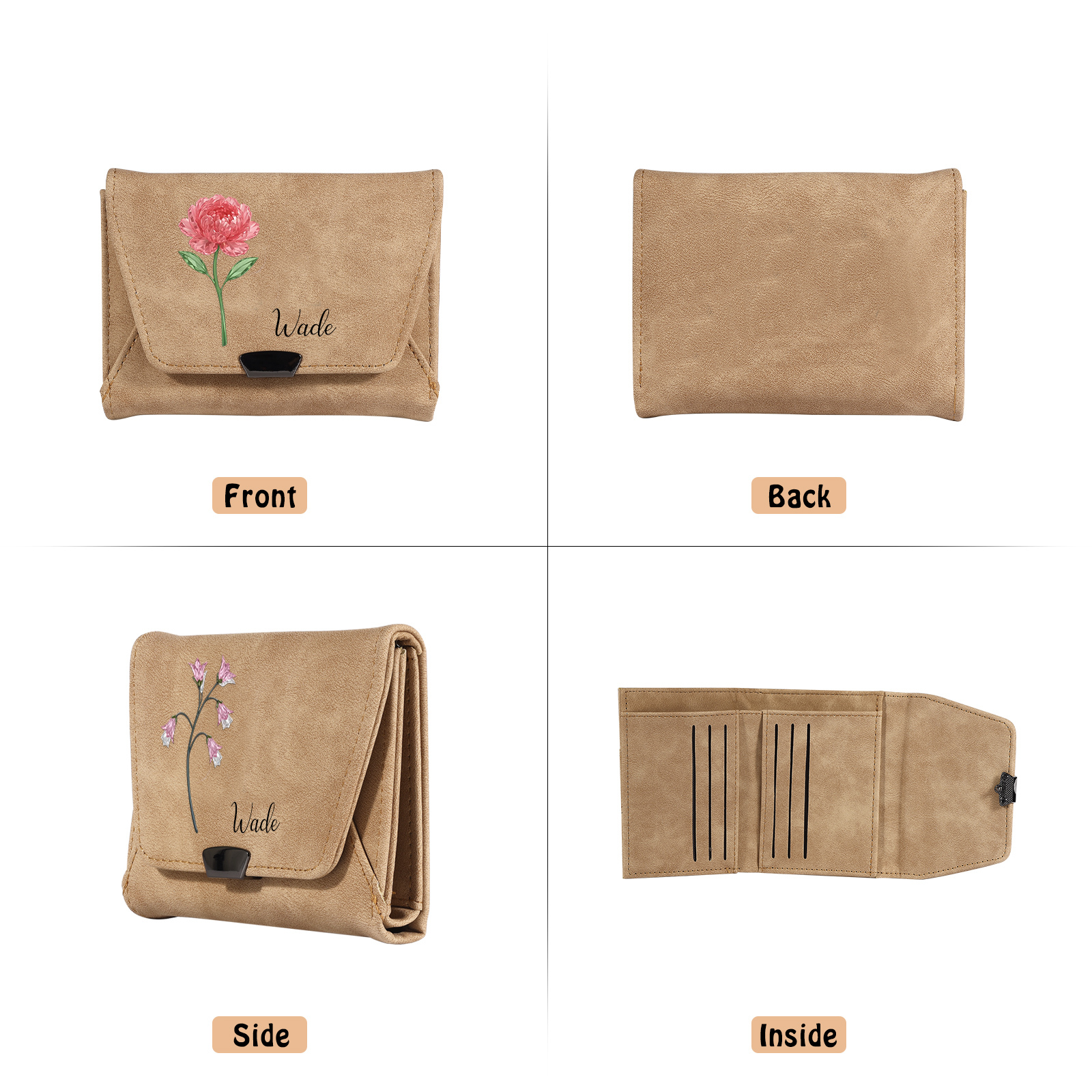 Personalisierte Damen Geldbörse aus Leder mit Geburtsblume und Namen