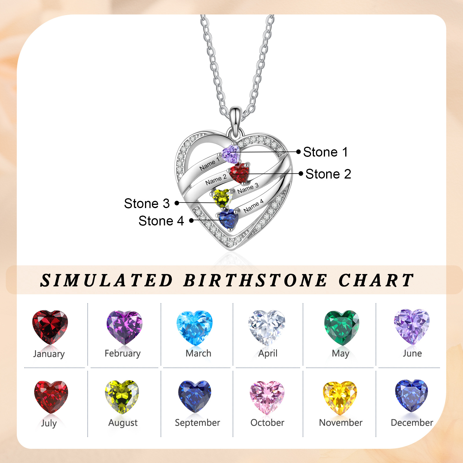 Personalisierte Herz-Halskette mit Geburtssteinen graviert mit 3–5 Kindernamen