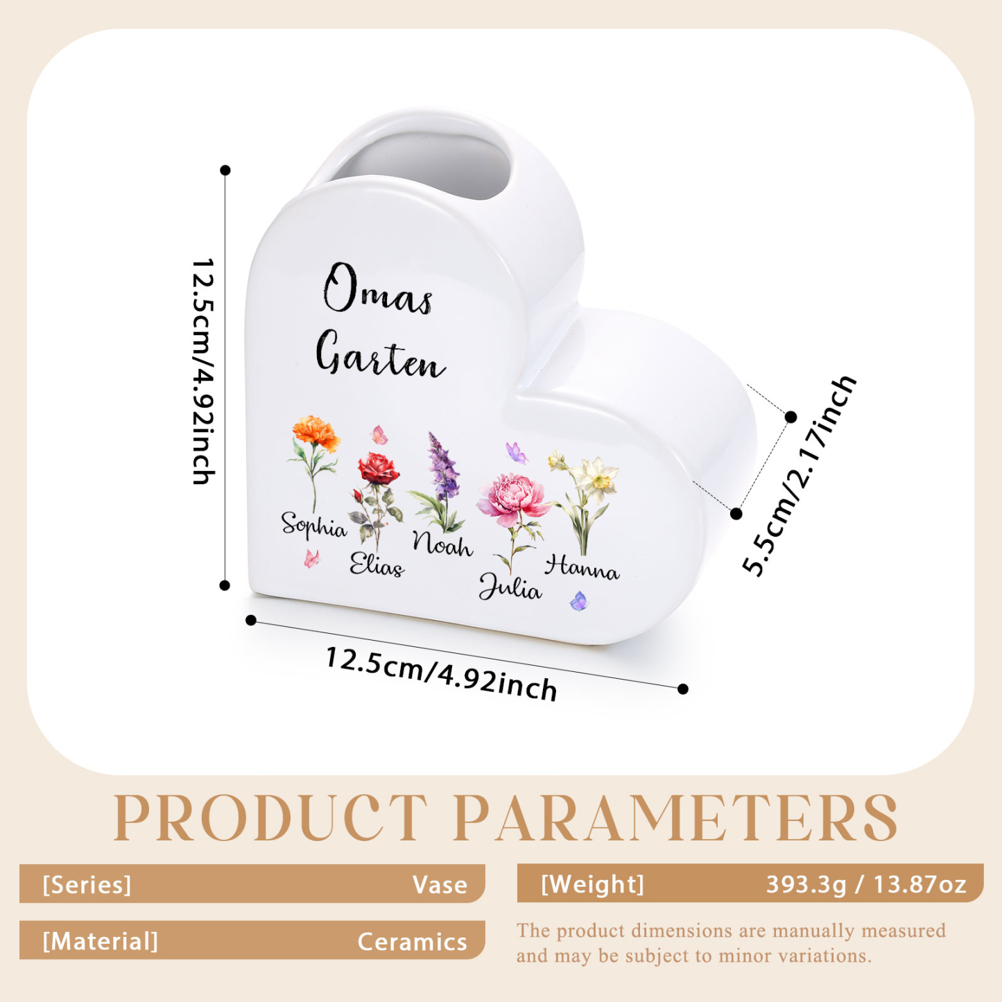 Personalisierte herzförmige Keramikvase „Omas Garten“ mit 1–12 Geburtsblumen und Namen