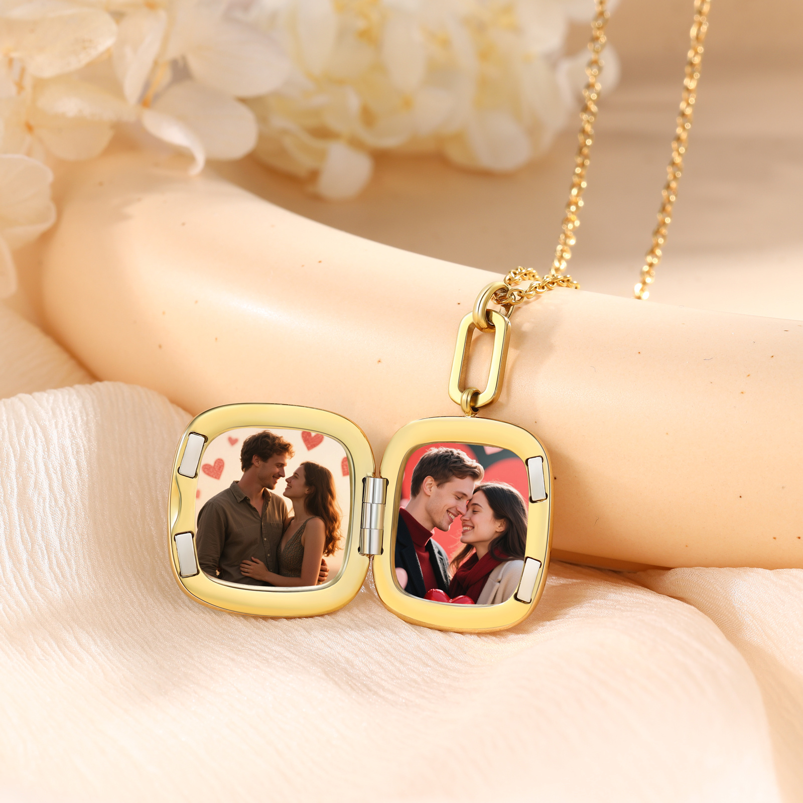 Personalisierte Medaillon-Halskette mit 2-Foto, Gravur-Wunschtext für Familie