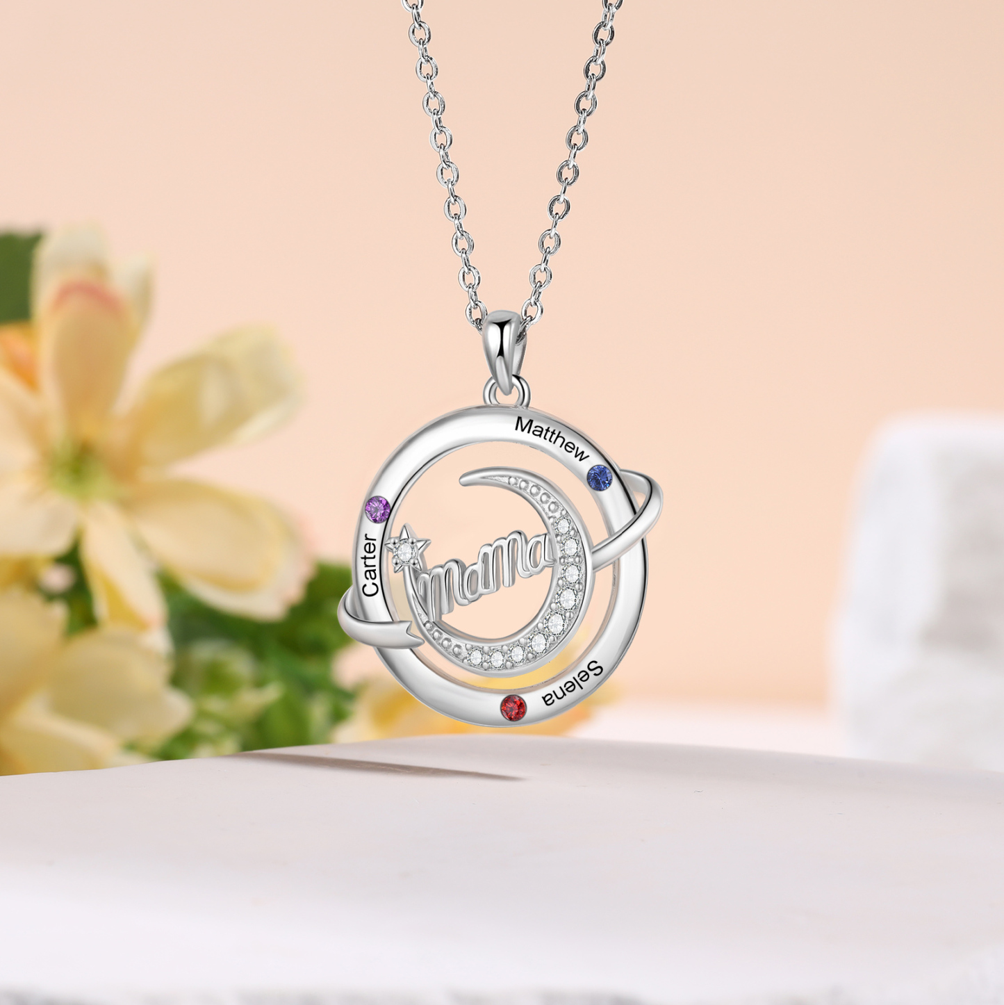 Personalisierte Mama-Halskette mit Namen & Geburtssteinen – Schmuck mit Mondmotiv