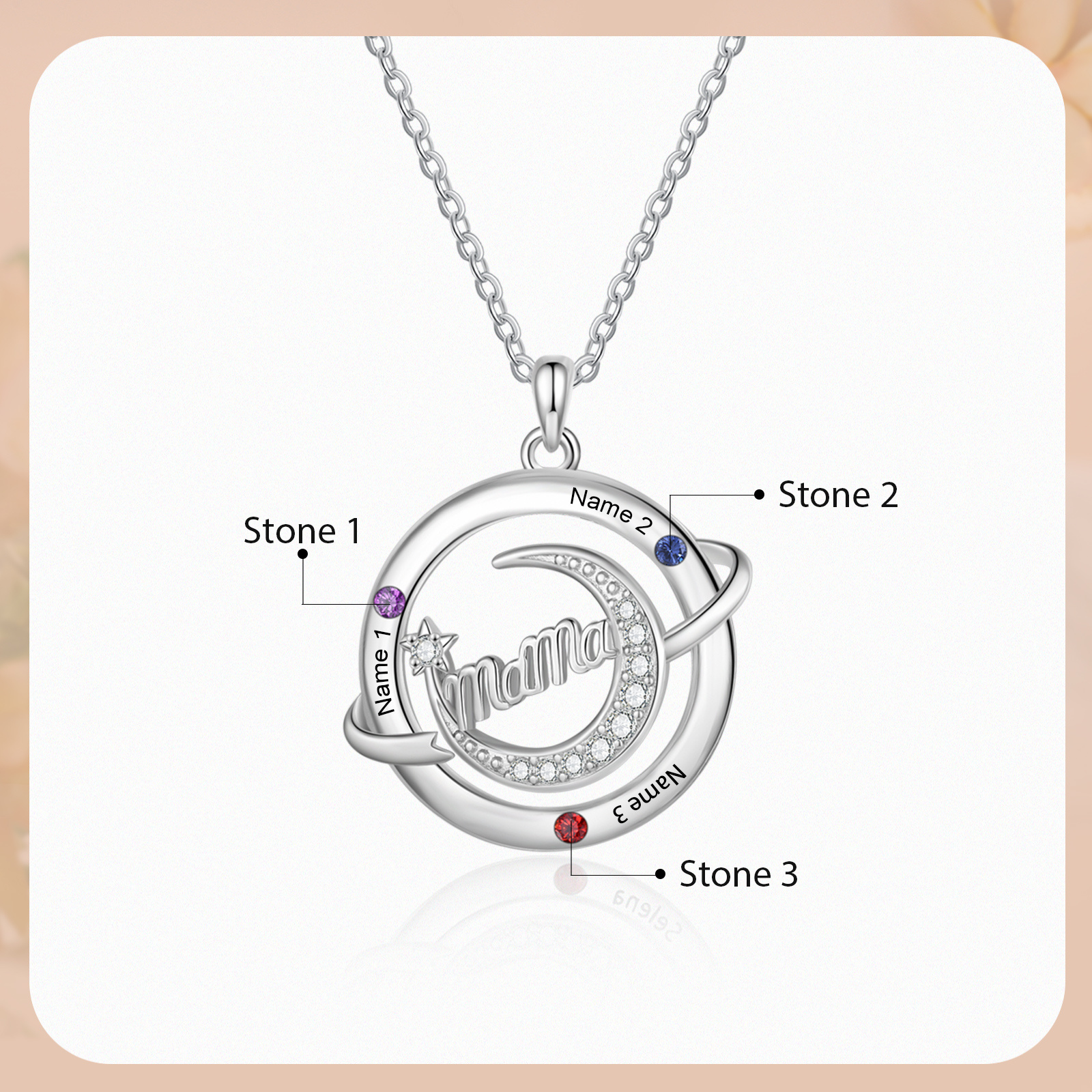 Personalisierte Mama-Halskette mit Namen & Geburtssteinen – Schmuck mit Mondmotiv