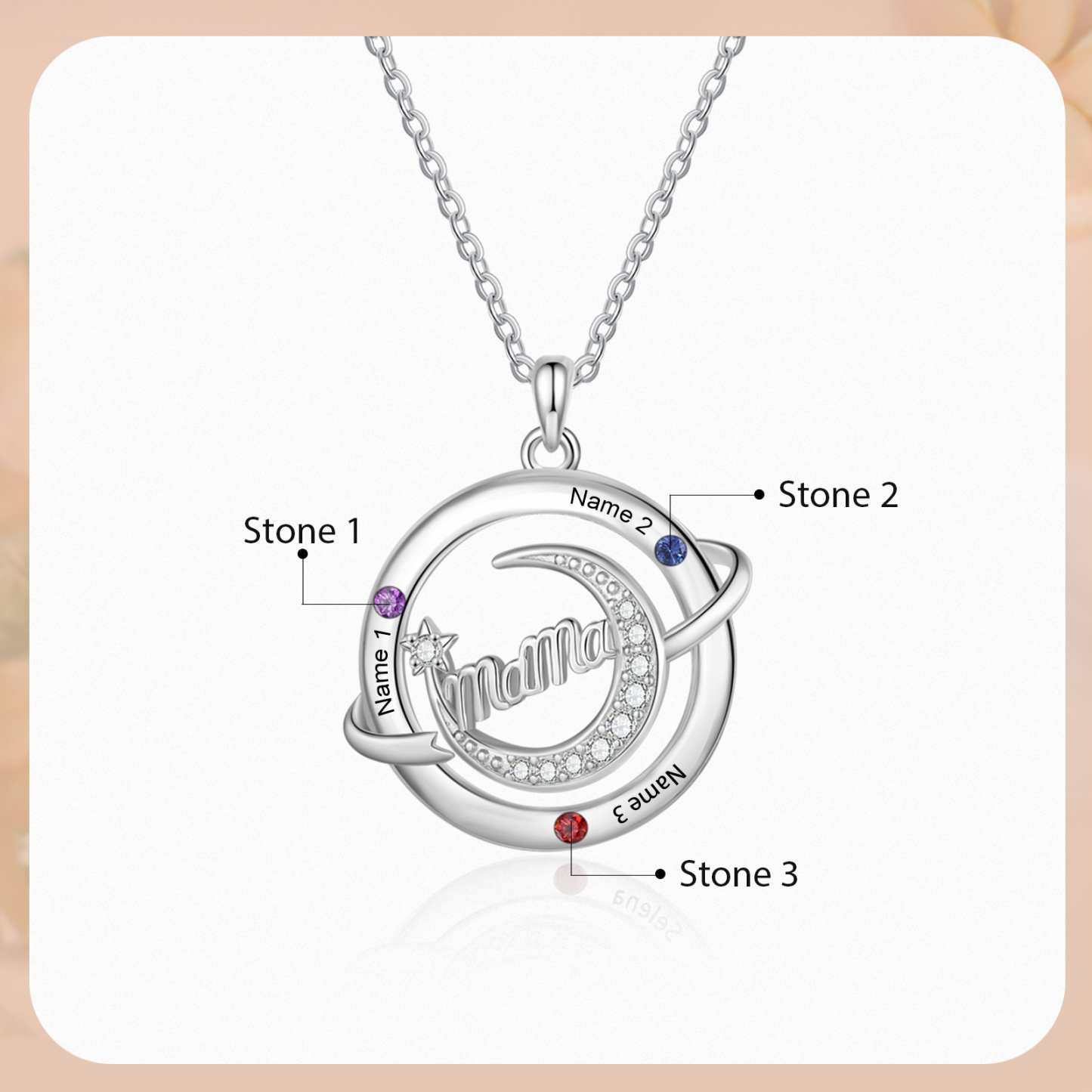 Personalisierte Mama-Halskette mit Namen & Geburtssteinen – Schmuck mit Mondmotiv