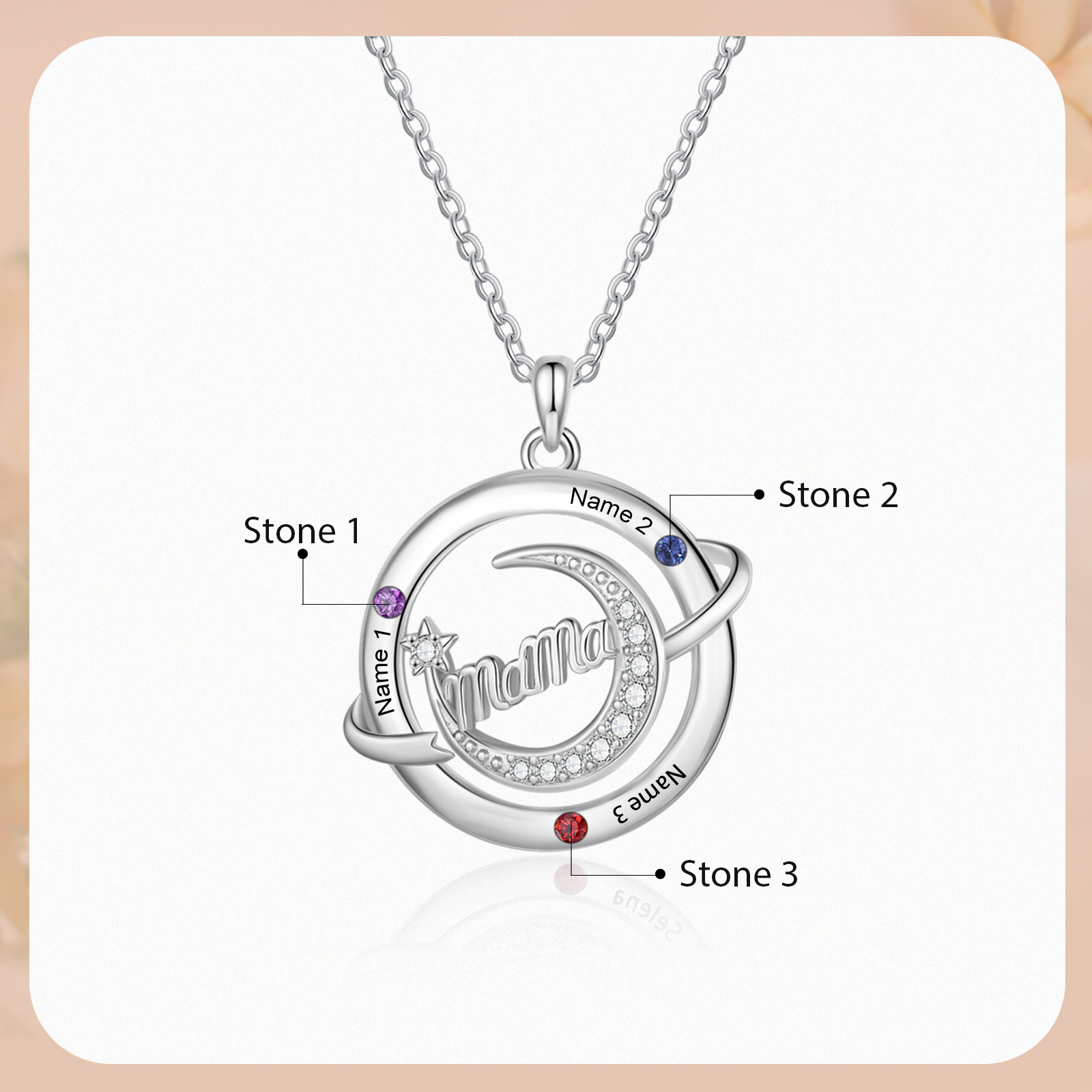 Personalisierte Mama-Halskette mit Namen & Geburtssteinen – Schmuck mit Mondmotiv