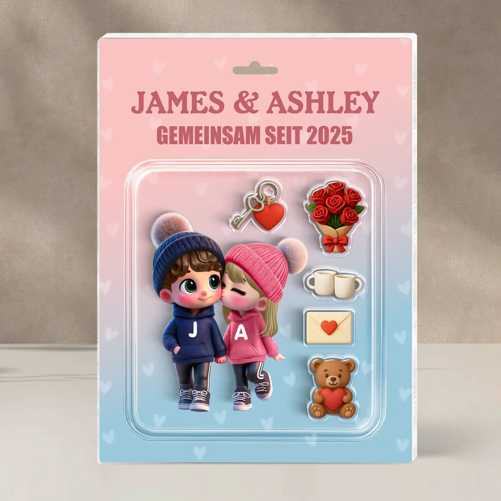 Personalisierter 3D-Acrylblock – Chibi-Paar, Figuren personalisierbar und „Gemeinsam seit + Jahr“