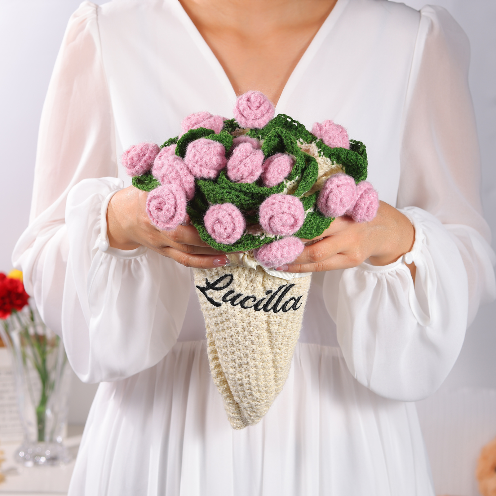 Handgemachter Häkelblumenstrauß personalisierbare Name Decke- Geschenk für Mama/Oma/Tochter