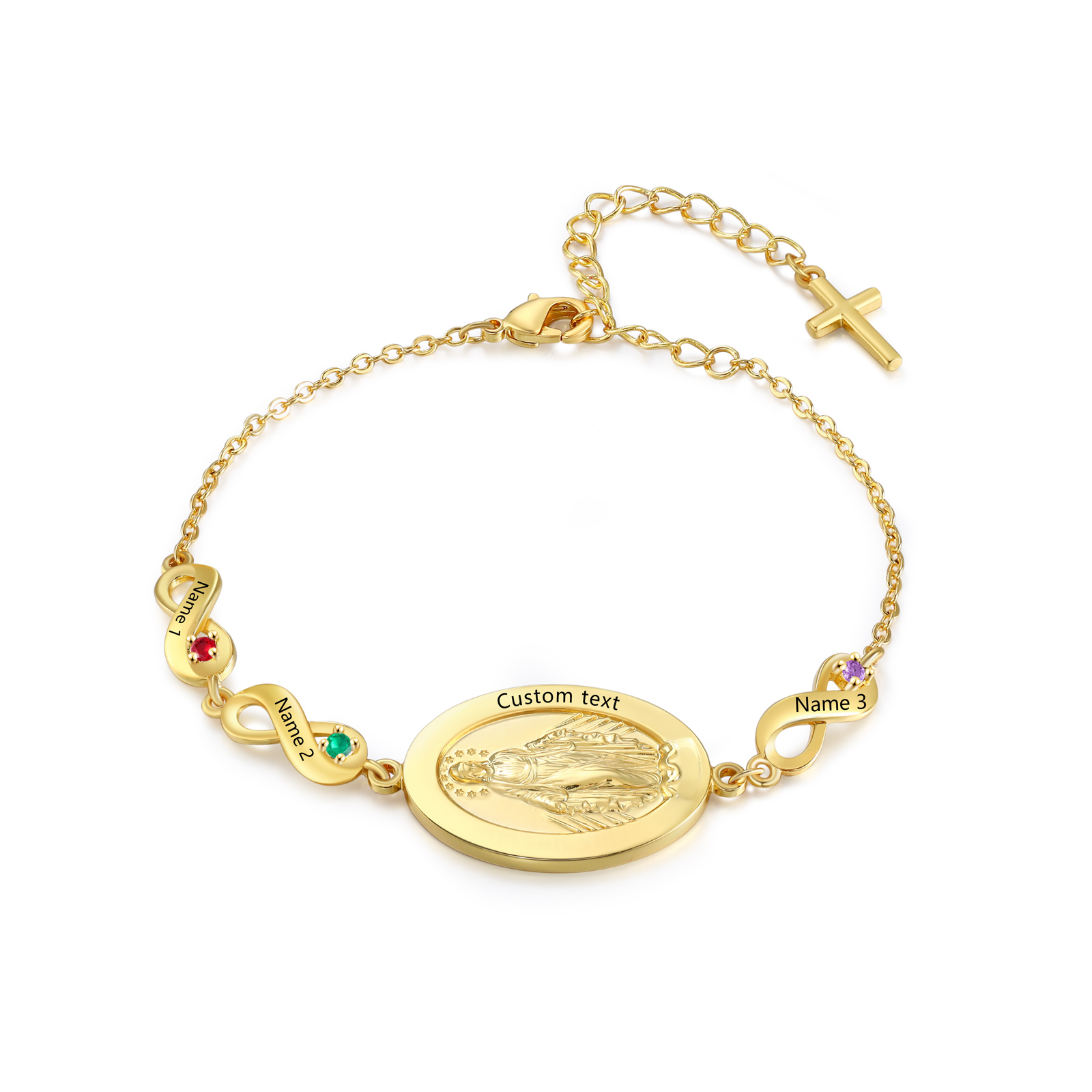 Personalisierbares Infinity-Armband aus Gold mit Marienmedaille & Geburtsstein