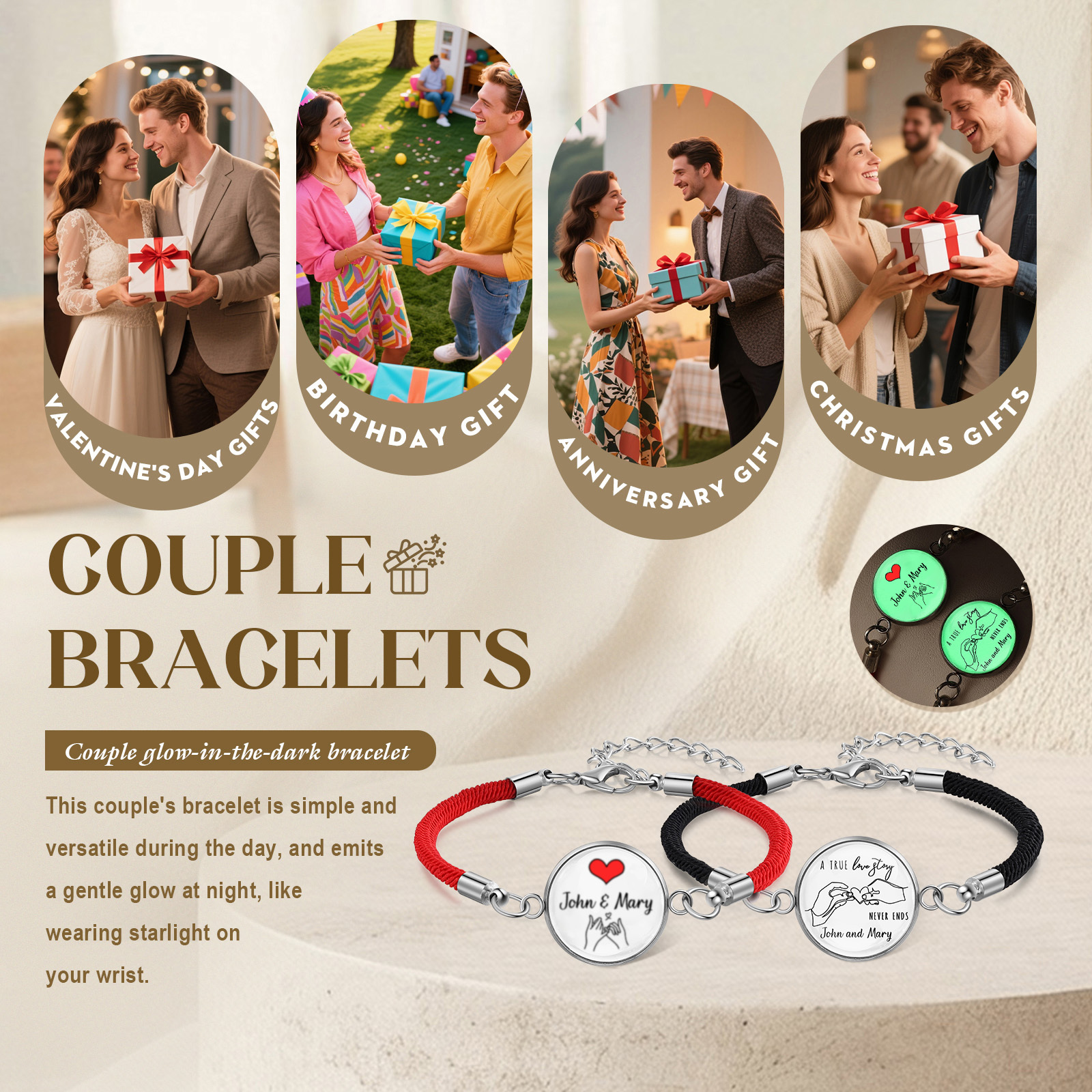 Leuchtende personalisierte Partnerarmbänder mit Namen – Valentinstagsgeschenk