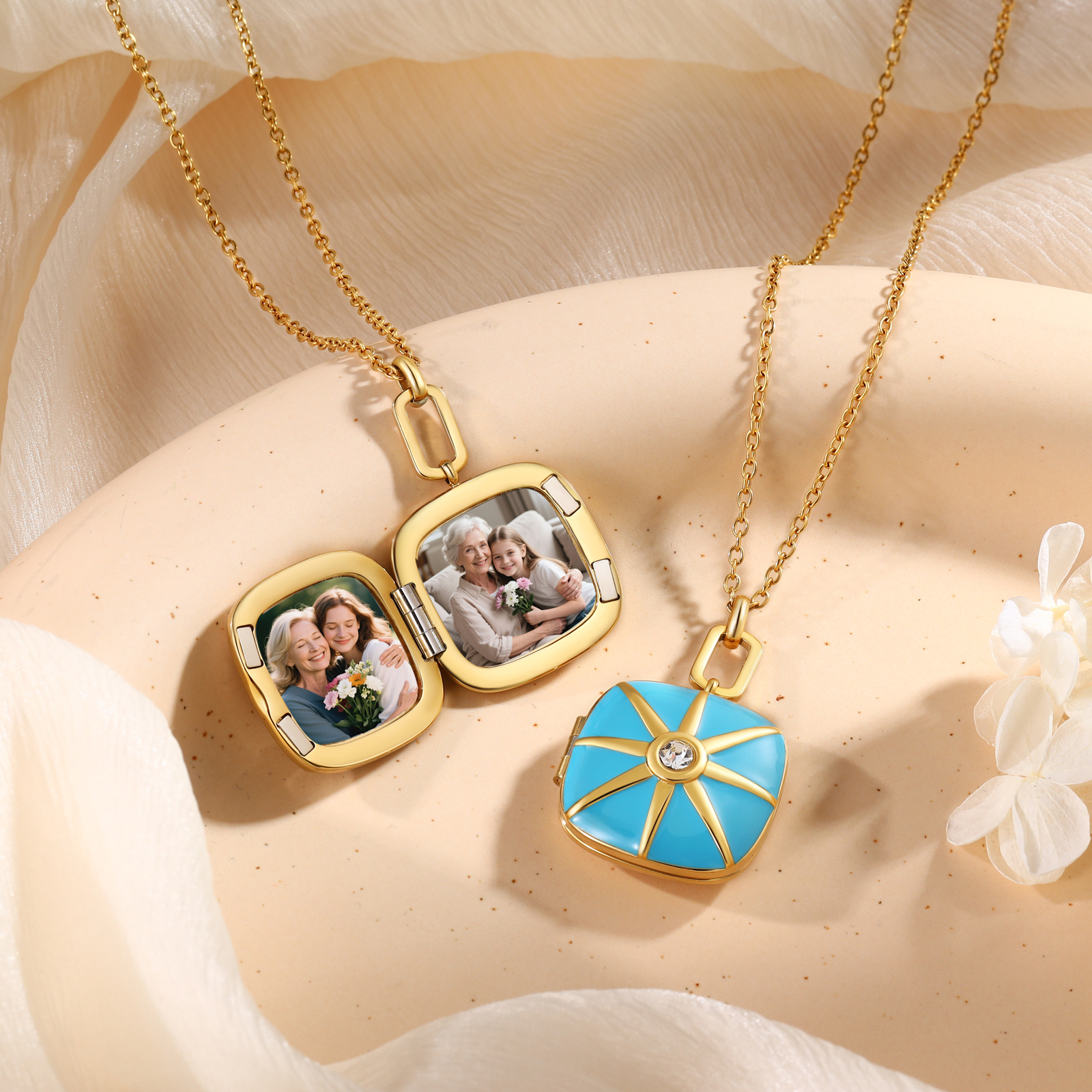 Personalisierte Medaillon-Halskette mit 2-Foto, Gravur-Wunschtext für Familie